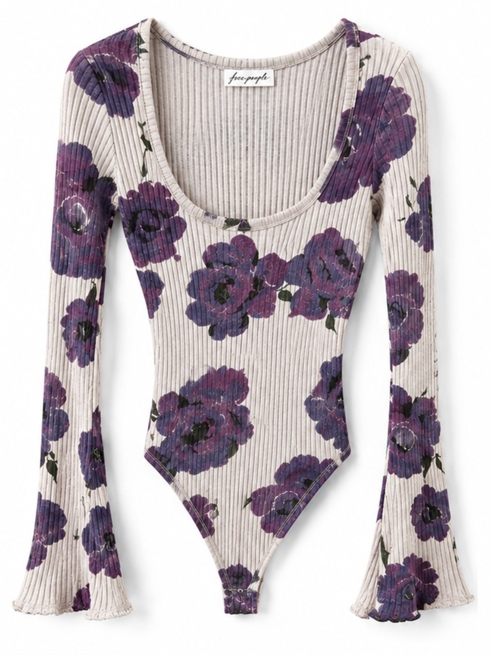Free People Oatmeal Floral Ribbed Bodysuit with Purple Roses